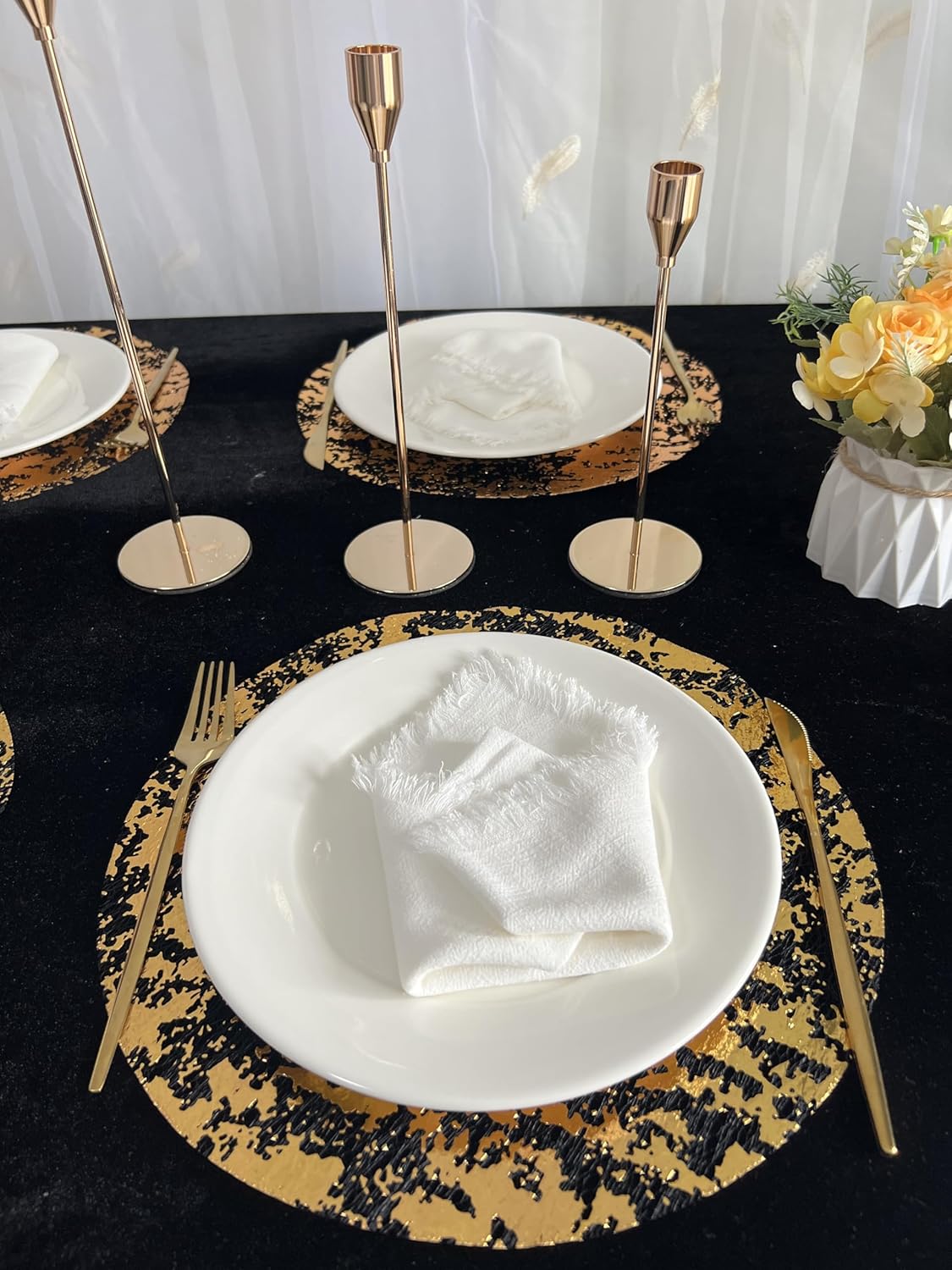 Disposable Black and Gold Placemats Set of 50 Metallic Thin Round 13 Inch Gold Doilies Table Chargers Glitter Foil Mesh Pressed Fall Table Mates 50 Pack for Wedding Birthday Party