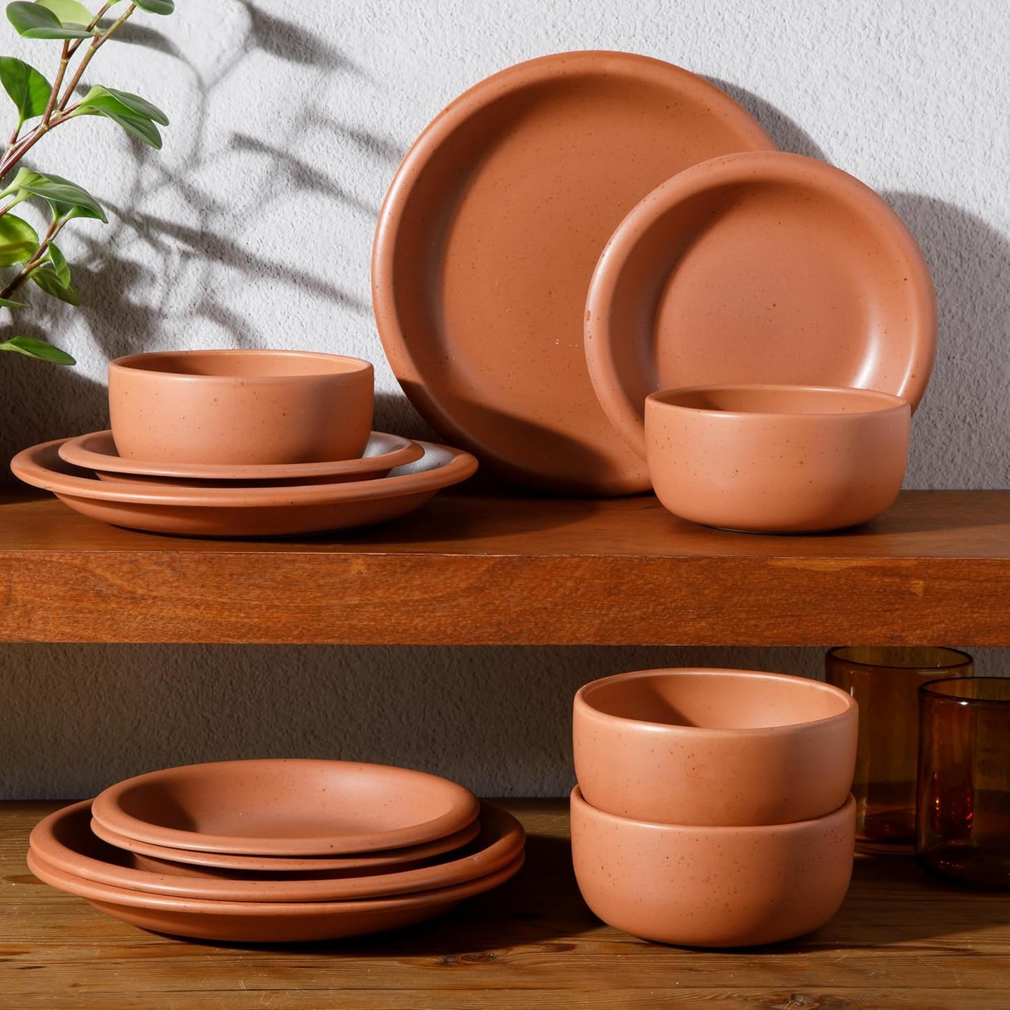 Bloomhouse Corsica Clay 12 Piece Stoneware Rustic Reactive Glaze Dinnerware Set - Stackable Plates and Bowls Set. Service for 4 - Matte Burnt Apricot Terracotta