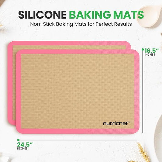 Nutrichef Silicone Baking Mats - 2 Non-stick Food-Grade Silicone Mats - Perfect for Full Baking Pans 24.4 x 16.5 IN - Oven-safe Up to 480 Degrees F - Suitable for Ovens, Freezers, & Dishwashers - Pink