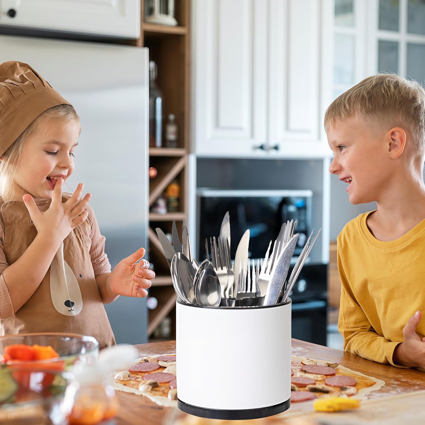 Silverware Organizer Kitchen Utensil Holder 360°Rotating For Counter Organizer Stainless Steel Storage Silverware Caddy 3 Compartment Flatware Spoon Spatula Tool Cutlery Container(White)