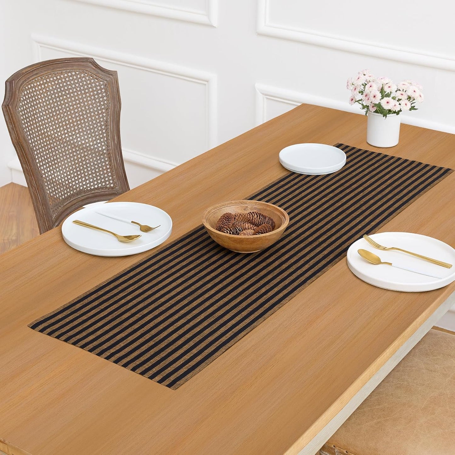 Solino Home Table Runner 36 Inches - Amalfi Stripe 100% Pure Linen Brown Sugar and Black Table Runner 14 x 36 Inch Ideal for Dresser and Coffee Tables - Fall, Autumn, Thanksgiving