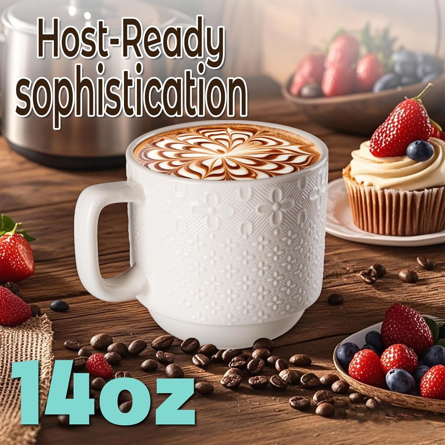 Large Coffee Mug Set of 4 with Stand and Spoons – 14oz Heavy Duty Ceramic Cups for Breakfast Coffee, Hot Drinks, Cocoa – Microwave & Dishwasher Safe – Big Porcelain Mugs Gift for Home Use