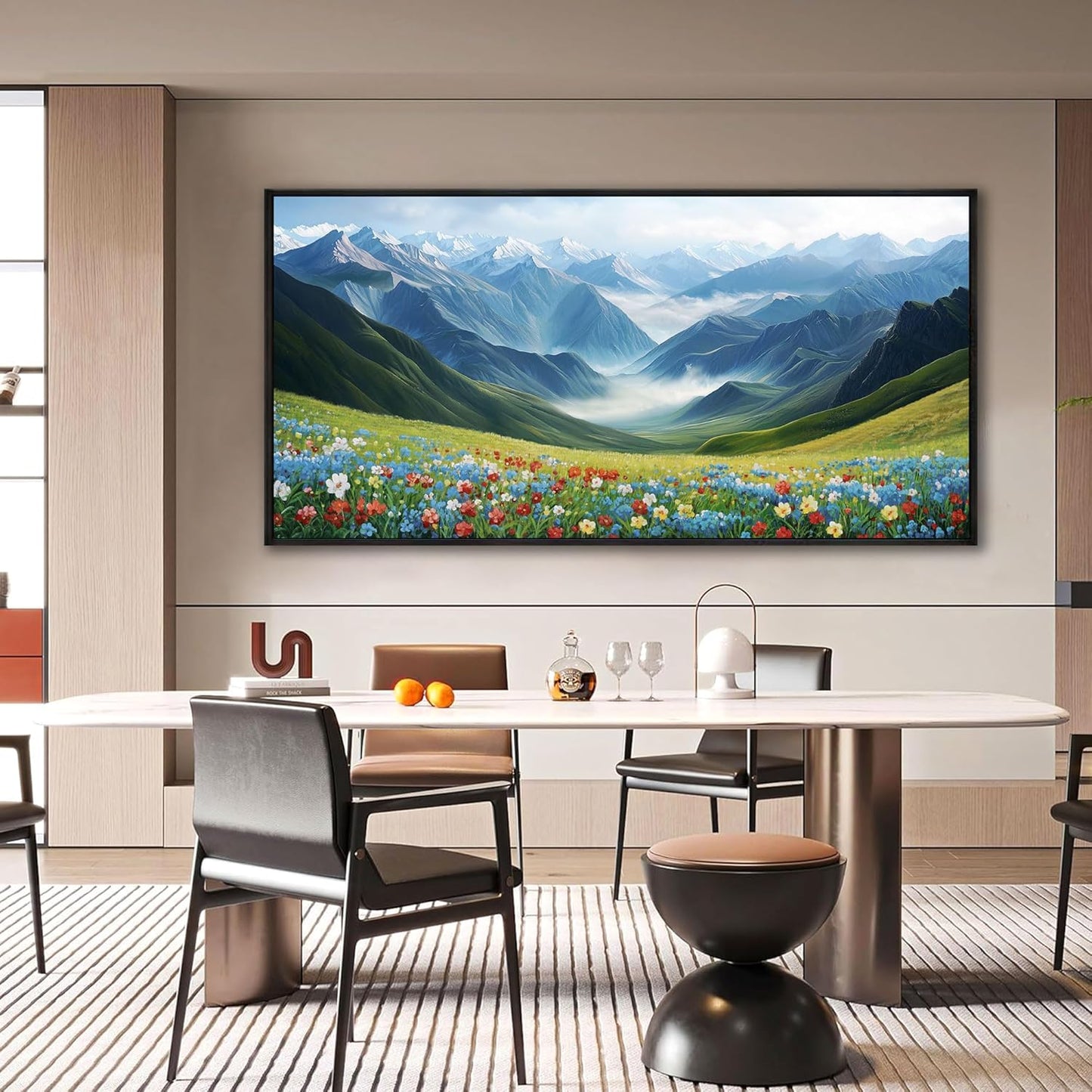 KLAKLA Mountain Wall Art - Large Landscape Living Room Wall Decor Rustic Wild Daisies Misty Forest Snowy Mountains Canvas Picture Framed Artwork for Walls - 58x29 Inches