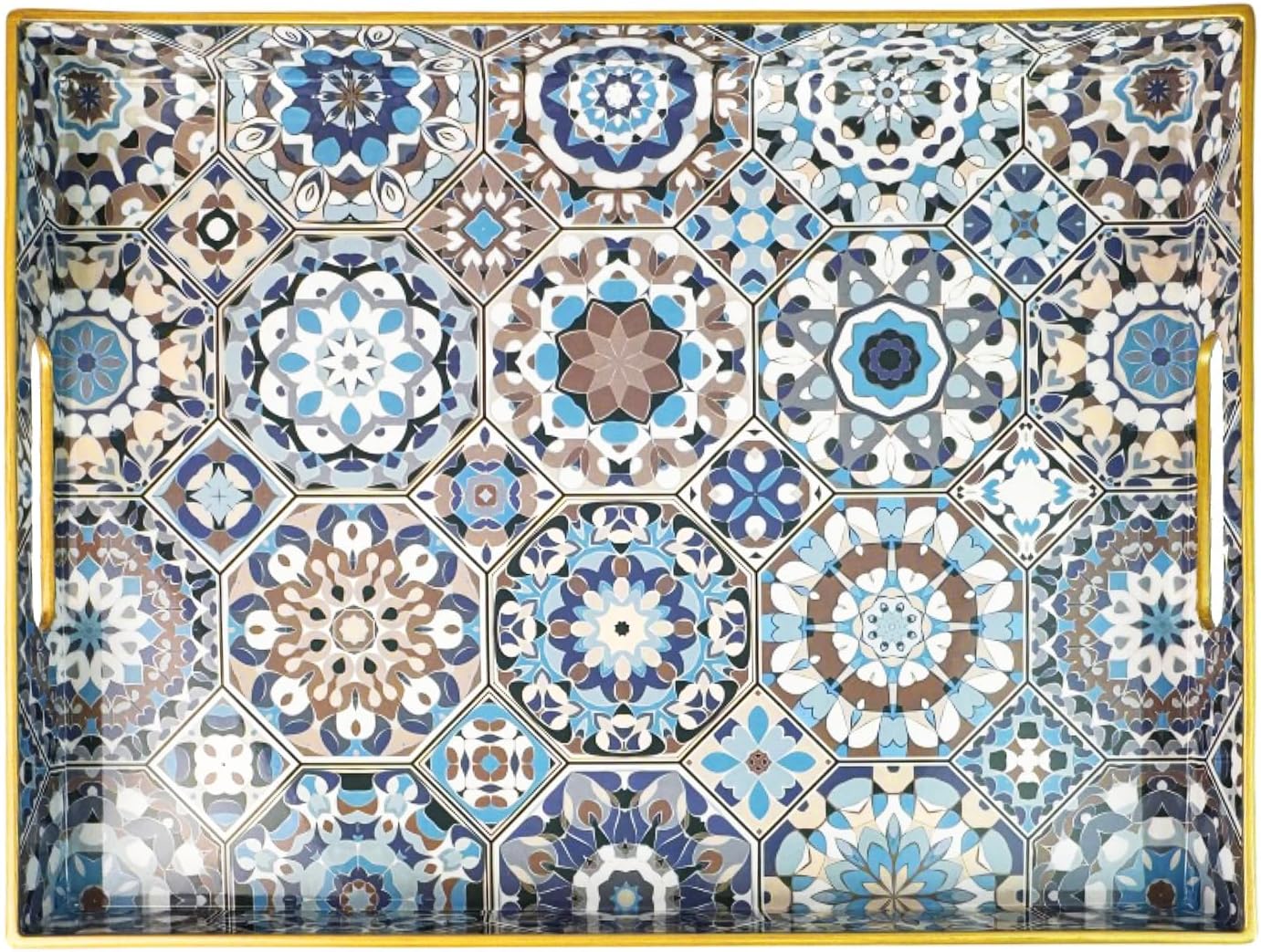 Boho Coffee Table Tray, Decorative Serving Tray with Handles, Large Tray for Ottoman,Coffee Table，Living Room Modern, Blue，