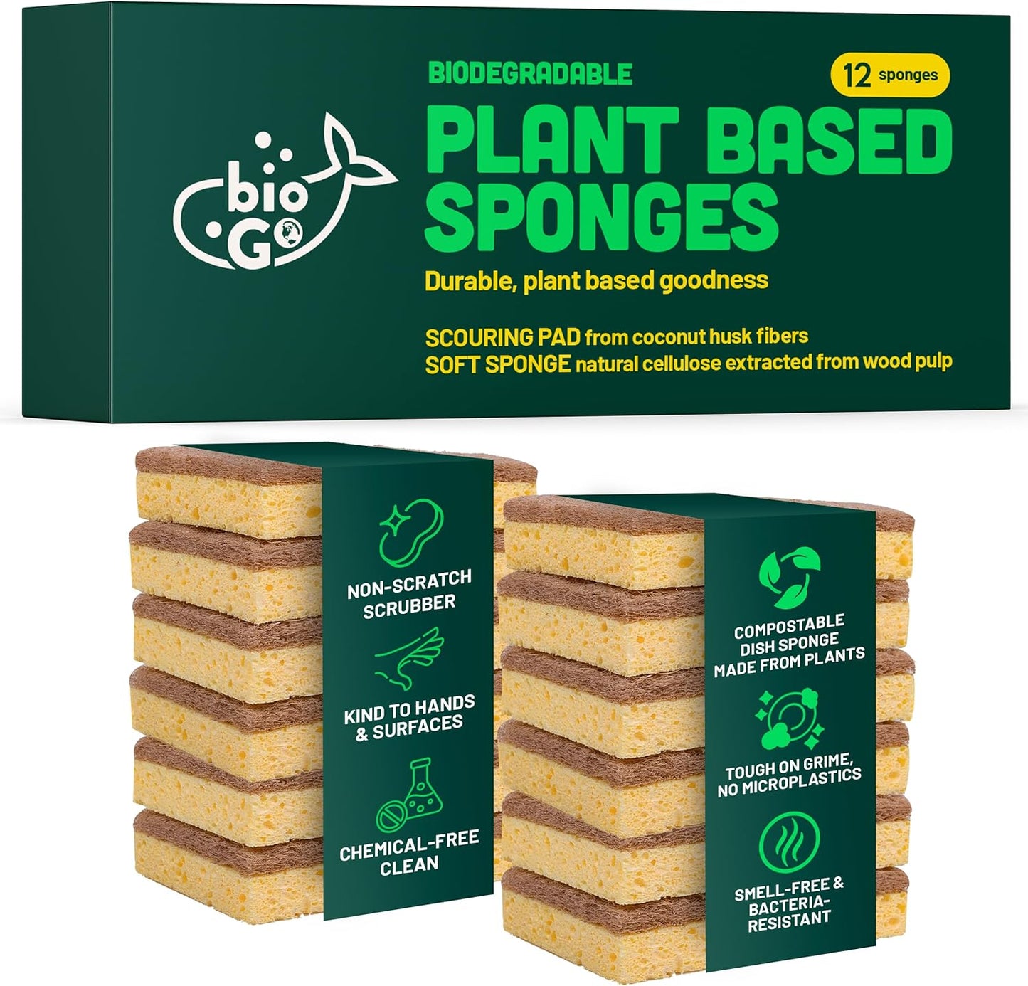 bioGo 12 Pack Natural Biodegradable Kitchen Sponges - Eco-Friendly, Compostable, Cellulose Dish - Compostable - Biodegradable - Cellulose Sponge