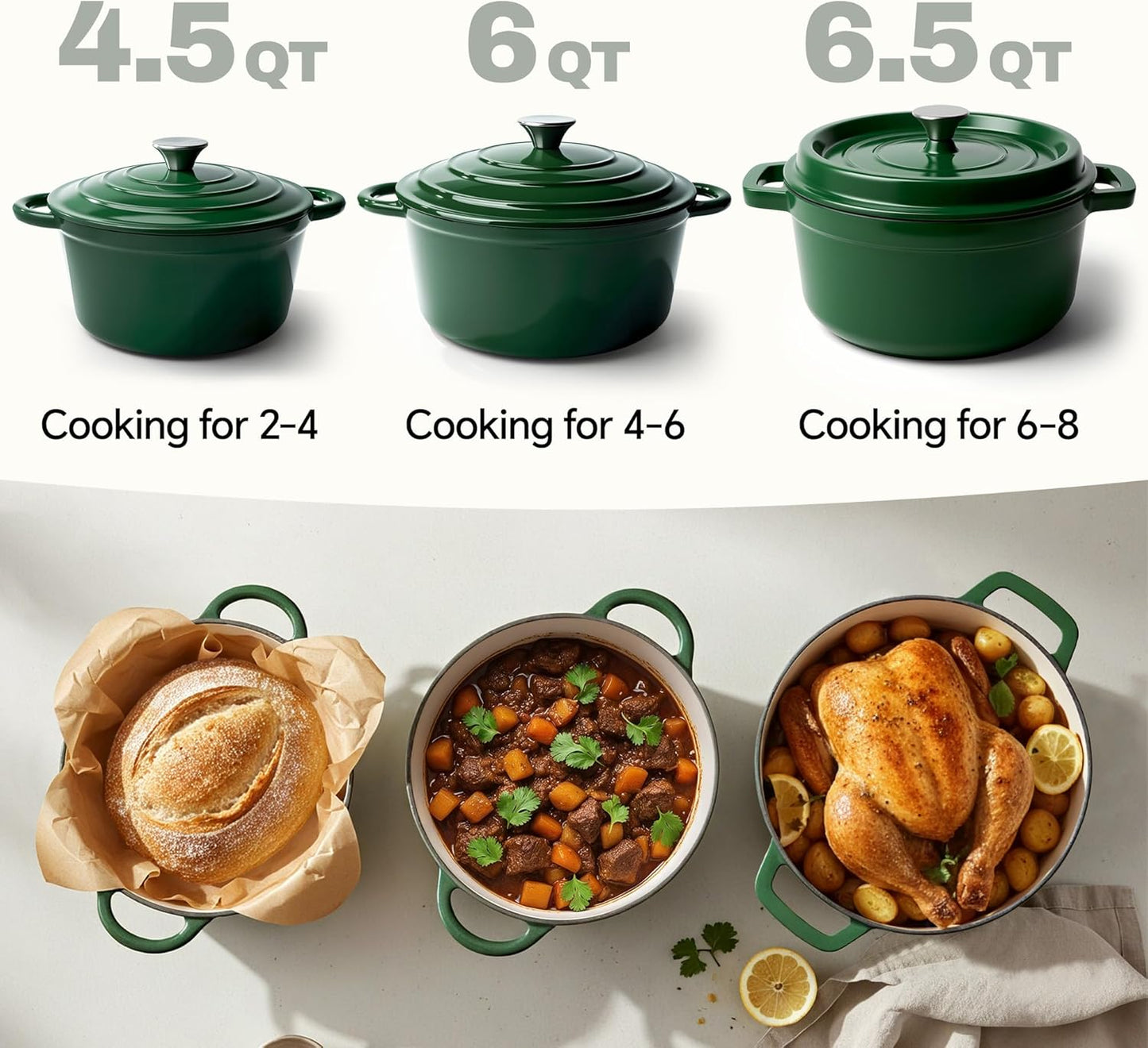 6 Quart Dutch Oven Pot with Lid, Non Stick Enameled Cast Iron Dutch Oven for Bread Baking, Heavy-Duty, Oven Safe Ceramic Cookware Up to 500°F for Baking, Braising, Stews, Roasting, Green