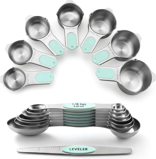 Spring Chef Magnetic Measuring Cups & Spoons Set, Patented, Strong N45 Magnets, Heavy Duty Stainless Steel Fits in Spice Jars for Baking & Cooking, BPA Free, Round Set of 15 with Leveler, Mint