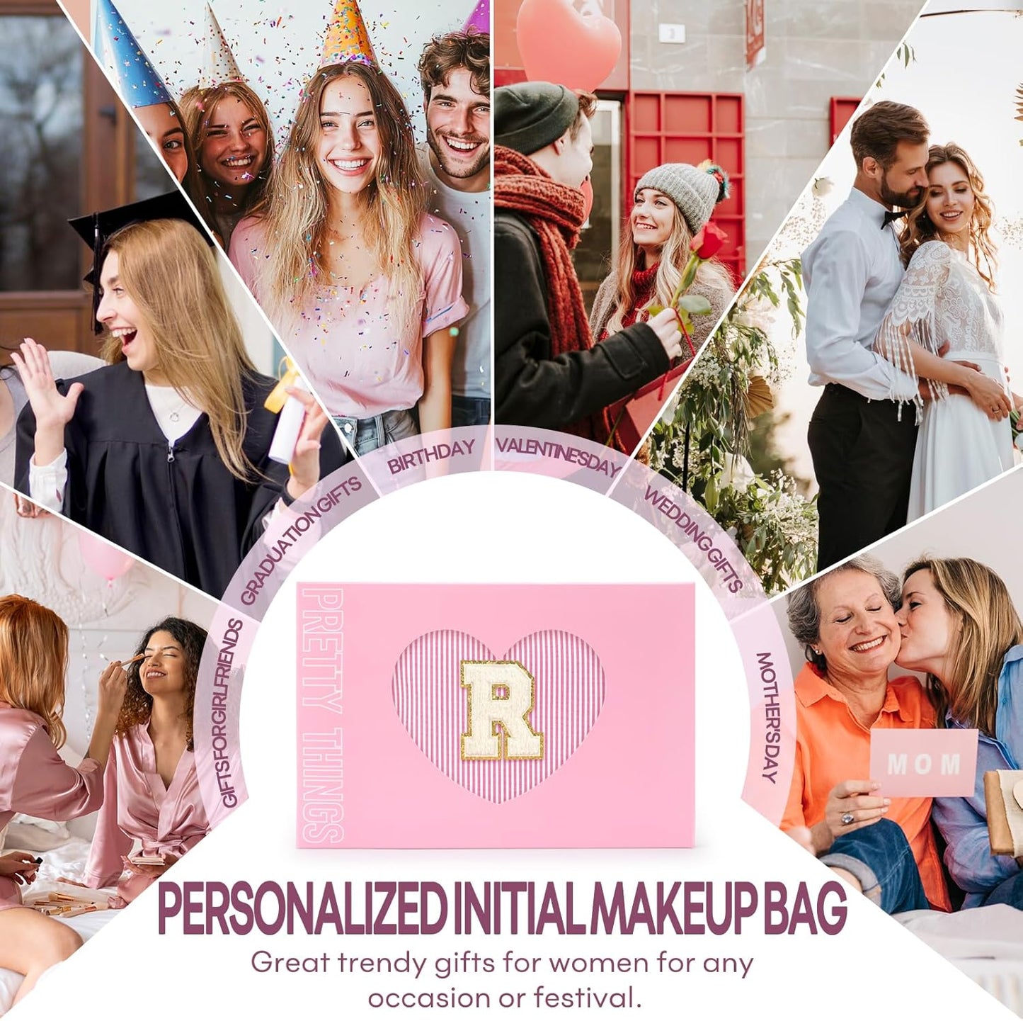 2 PCS Initial Makeup Bags for Women: Cosmetic Bag for Travel Toiletry - Birthday Gifts for 11 12 13 14 15 16 17 18 Years Old Girl Graduation Teacher Gift- Teen Girl Gifts Trendy Stuff - Pink R