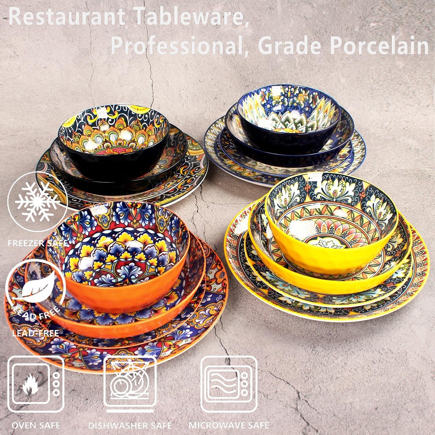Mandala Dinnerware Sets, Plates and Bowls Set, Porcelain Dishes (16 Pieces) Service for 4, Zanzibar, Bohemian Style Dining Ware, for Kitchen and Dining Multicolor Dinnerware Set
