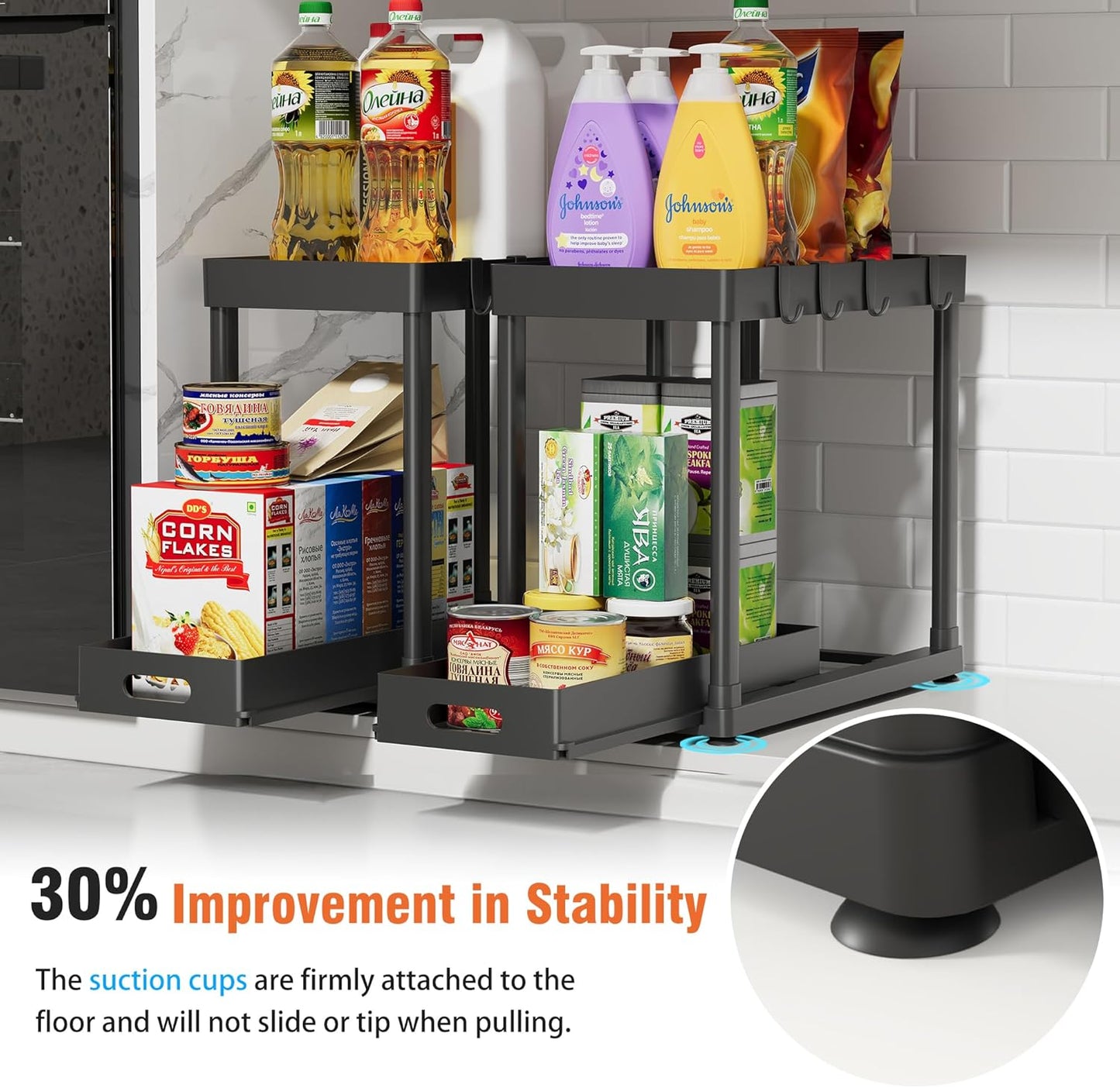 2 Pack Pull-Out Storage Organizers, Under Sink Organizer and Storage for Bathroom & Kitchen,Multi-Purpose Under Cabinet Organizers and storage Black