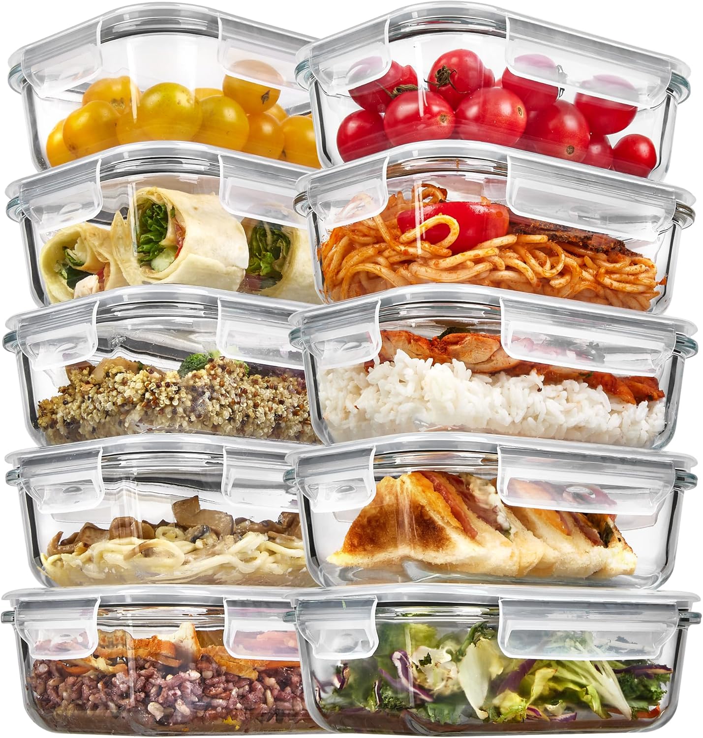 Vtopmart 10-Pack 22oz Glass Storage Containers with Snap Airtight Lids, Safe for Microwave, Oven, Freezer, and Dishwasher