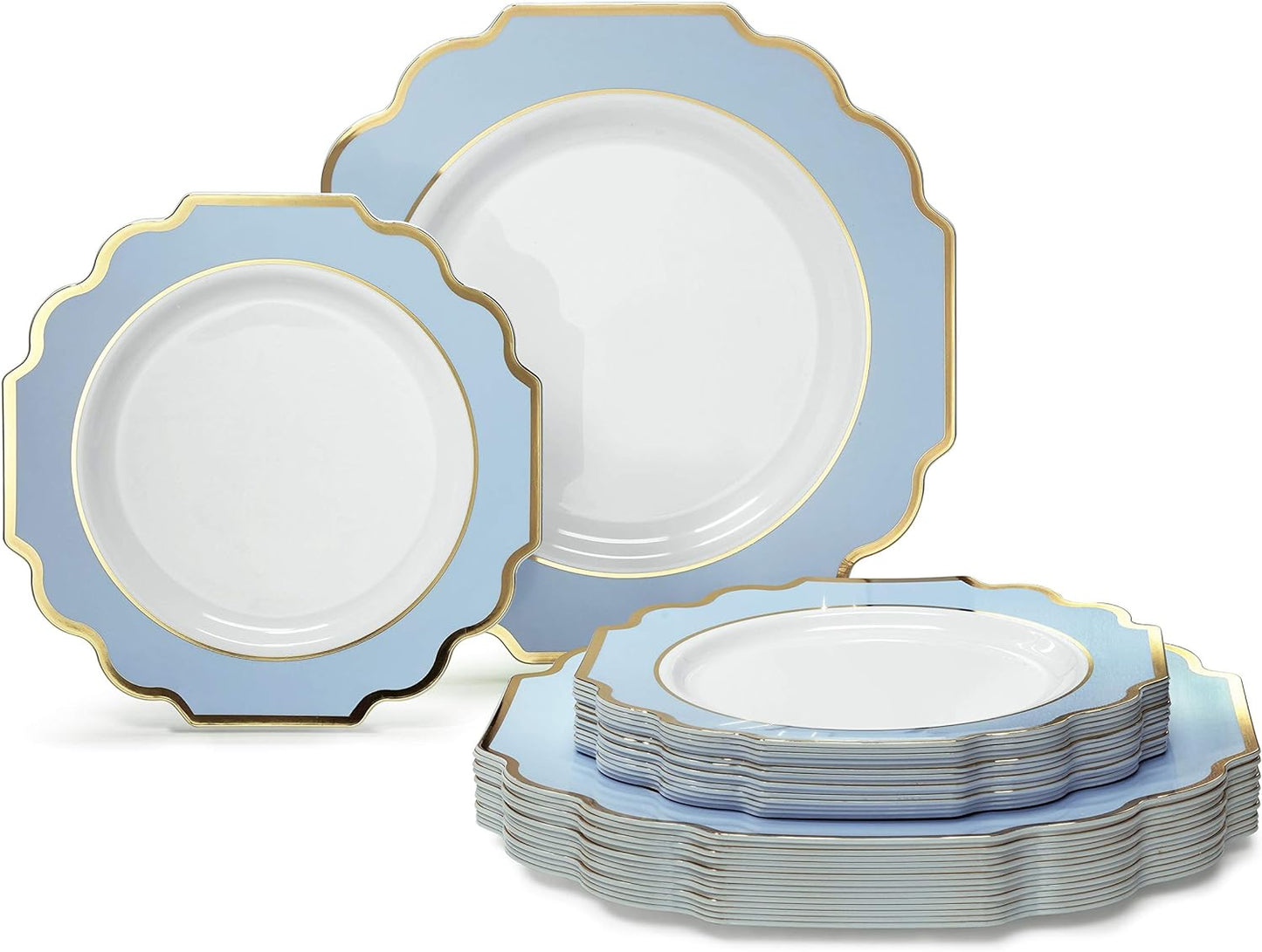" OCCASIONS " 50 Plates Pack (25 Guests)-Heavyweight Wedding Party Disposable Plastic Plate Set -(25x10.5'' Dinner + 25x8'' Salad/dessert (Imperial in White/Blue & Gold)
