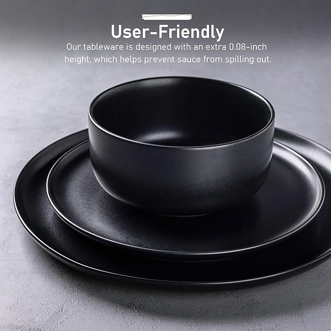 LERATIO Stoneware Dinnerware Sets for 4,Handcarft Ceramic Plates and Bowls Sets,Chip and Scratch Resistant Dishes, Dishwasher & Microwave Safe, Oven safe,Reactive Glaz-Black