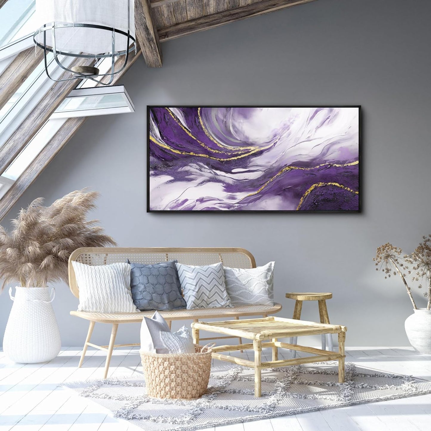 yiijeah Purple Large Abstract Canvas Wall Decor for Living Room - Purple and Gold Framed Picture Artwork for Walls Bedroom Office Home Decor Modern Boho Wall Art