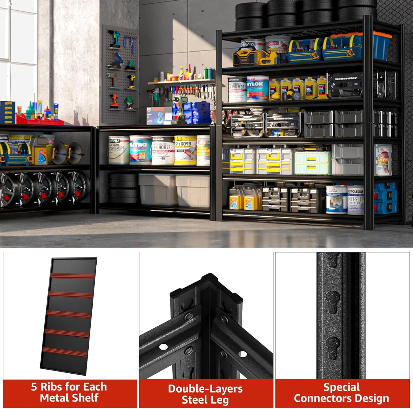 55.12" W Father&I Industrial Heavy-Dudy Garage Shelving Units/Systems: Metal 6-Tier Storage Shelves Adjustable for Basement/Closet/Tote/Kitchen/Pantry, 84" H*55.12W *23.65" D, Black