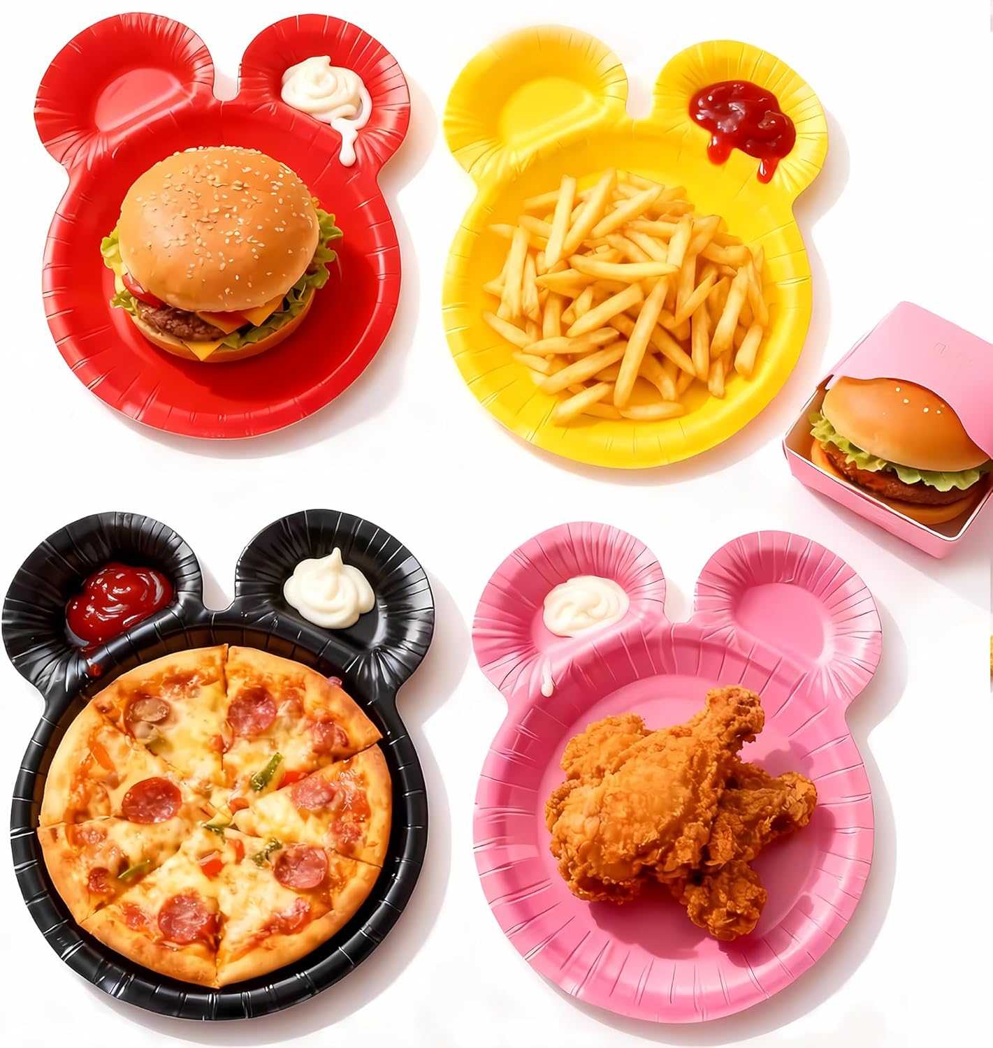 30CT Cute Mouse Head Party Plates for Kids, Cartoon Mouse Paper Plates with Two Dipping Compartments, Multi-Color No Spill 9in Disposable for Birthday, Baby Shower, Celebrations and Daily