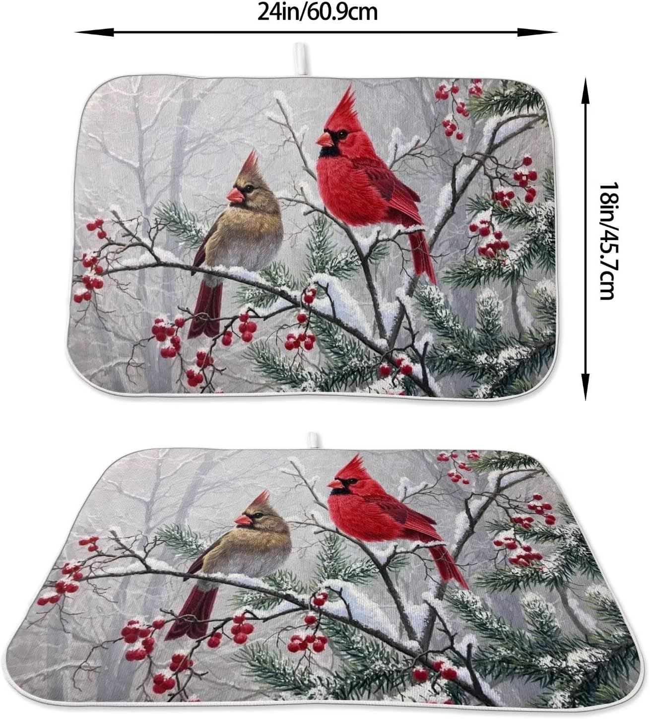 Winter Cardinal Bird Dish Drying Mat 18 x 24 inch Winter Snow Red Birds Pine Trees Decorative Drying Mats Microfiber Absorbent Holiday Dish Washable Draining Mat for Kitchen Counter Decor