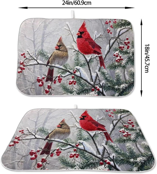 Winter Cardinal Bird Dish Drying Mat 18 x 24 inch Winter Snow Red Birds Pine Trees Decorative Drying Mats Microfiber Absorbent Holiday Dish Washable Draining Mat for Kitchen Counter Decor