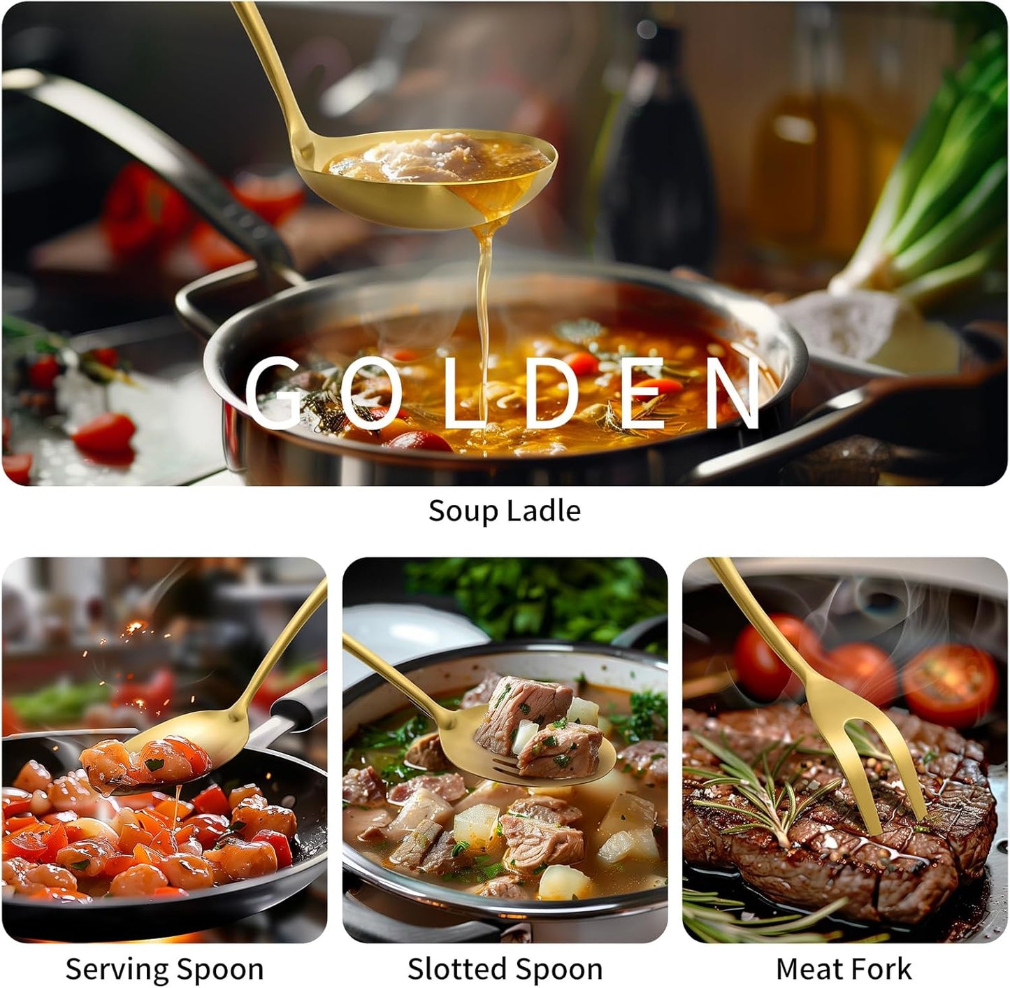 304 Stainless Steel Matte Kitchen Utensils Set, 11 Pcs Long Metal Cooking Utensils Set, Gold Cooking Utensils Set, Dishwasher Safe