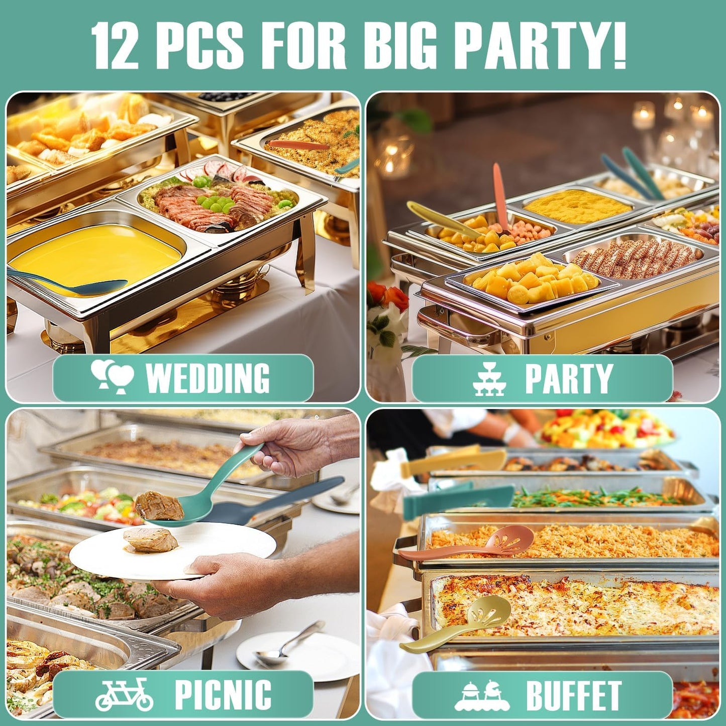 12 Pcs 10" Large Plastic Wheat Straw Serving Spoons Set, Serving Spoons & Slotted Spoons, Kitchen Mixing Serving Spoon for Party Buffet Catering (Orange/Yellow/Green, Not for Cooking)