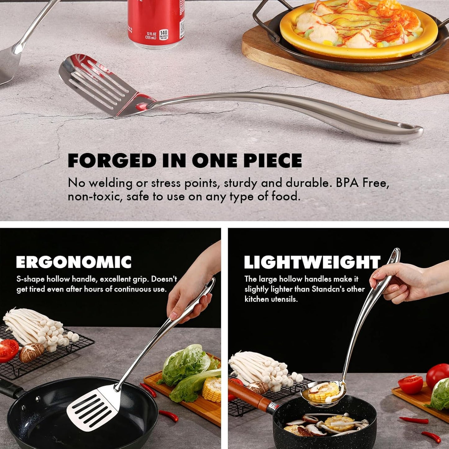 18/10 Stainless Steel Kitchen Utensils Set with Holder - 15″ Spatula Spoon Set with Storage Organizer for Countertop, Fork, Tongs, Spatula, Ladle, Skimmer, Turner, Spaghetti, Large Spoon Set of 12