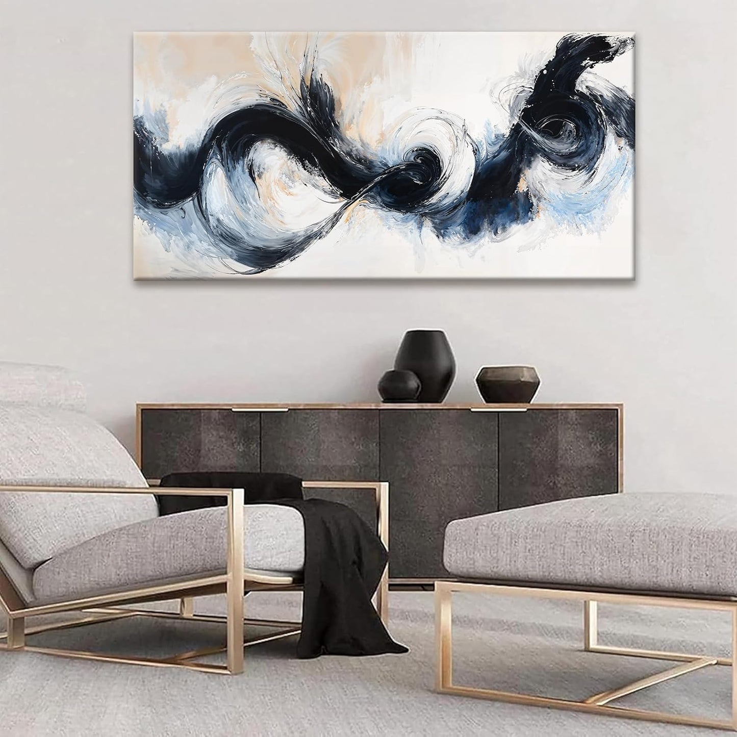 Suconvng Canvas Art Wall Decor Painting Black And White Abstract Wall Art For Living Room Modern 24" X 48"Graffiti Abstract Wall Decor Prints Artwork For Bedroom Home Wall Artwork