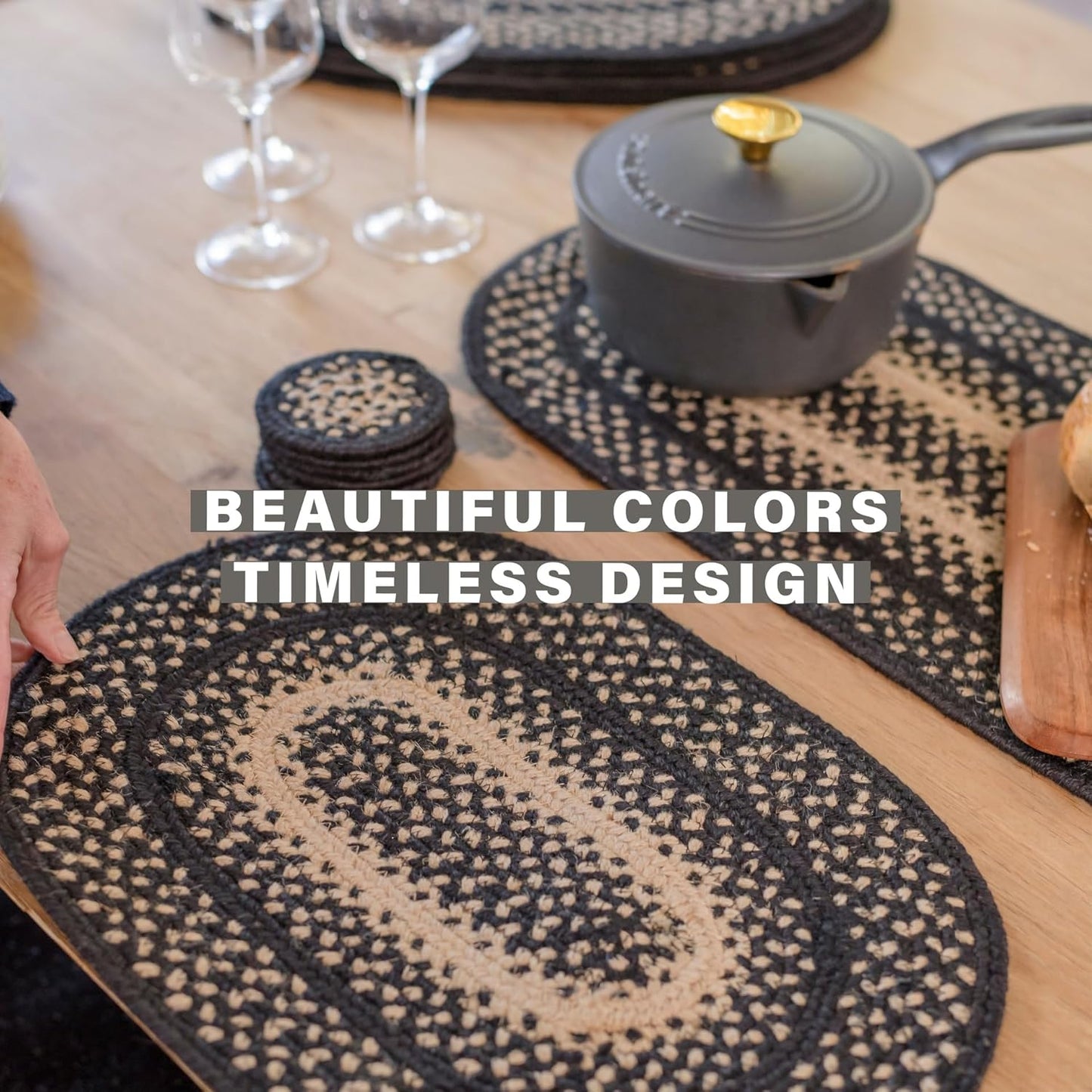 Homespice Manchester Dining Placemats, Country Primitive Decor, Set of 6, Black and Tan - 13x19 Rectangle Table Mats - Vibrant Colors, Durable, Easy to Clean and Protects Furniture