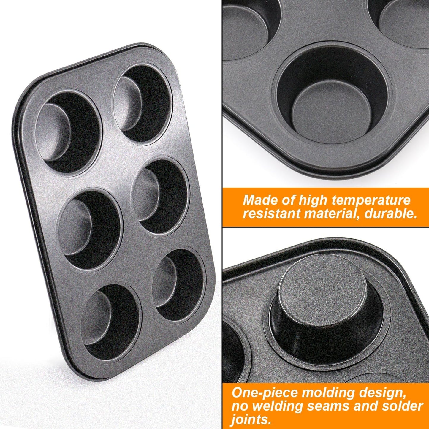 2 Packs Round Muffin Baking Pan, Premium Steel Muffin Pan for Baking, Cupcake Tin Cheesecake Pans, Bakeware Muffin Top Pan (6 Cups,Black)