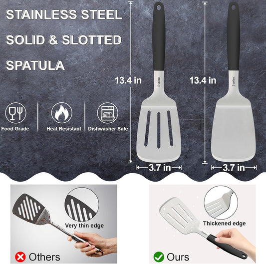 13.4 in Stainless Steel Spatula Set of 2, Heavy Duty Solid & Slotted Metal Spatula with Silicone Handle for Cast Iron Skillet, Egg, Burger and Grilling, Large