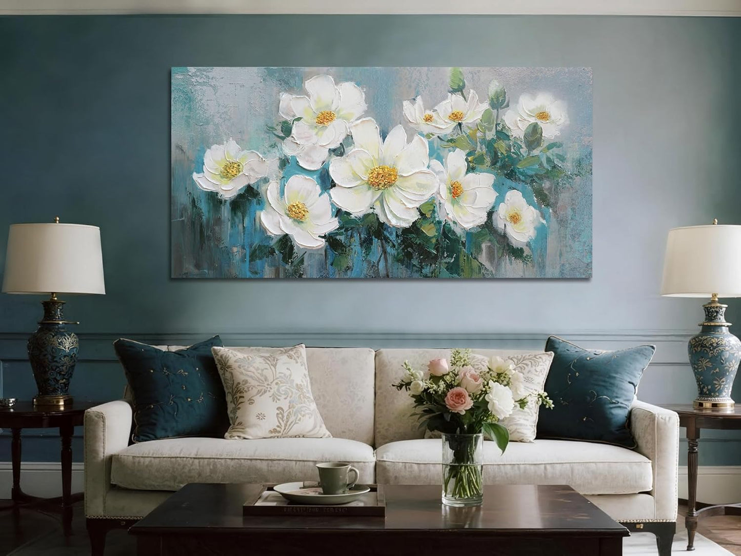 Ardemy White Floral Canvas Wall Art Extra Large Teal Textured Pictures Wall Decor Turquoise Paintings Artwork for Living Room Bedroom Home Office, 58"x29"