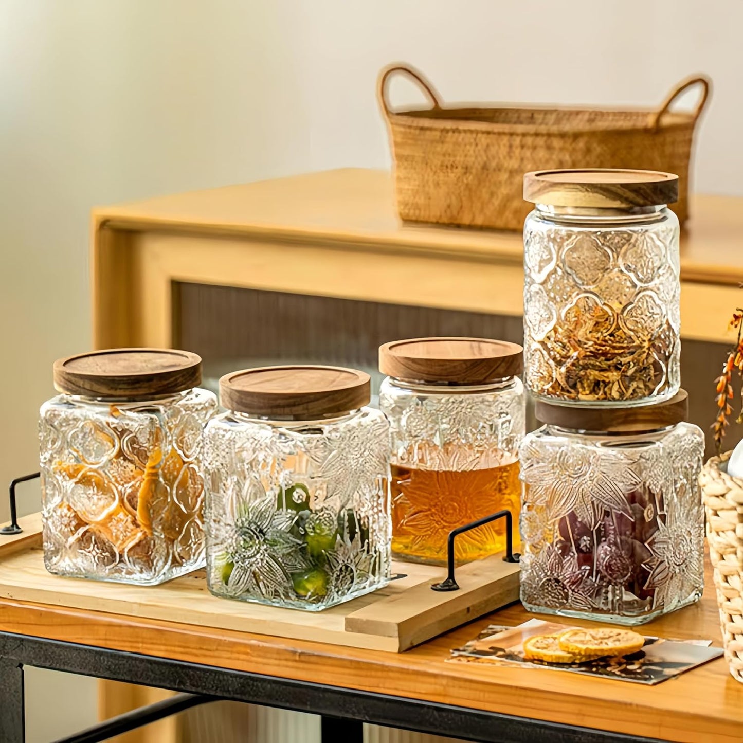 Vintage Glass Jar, 25.3 FL OZ Square Food Storage Container, Glass Canister with Wooden Lid, Decorative Jar for Home Kitchen Coffee, Tea, Candy, Sugar Jar