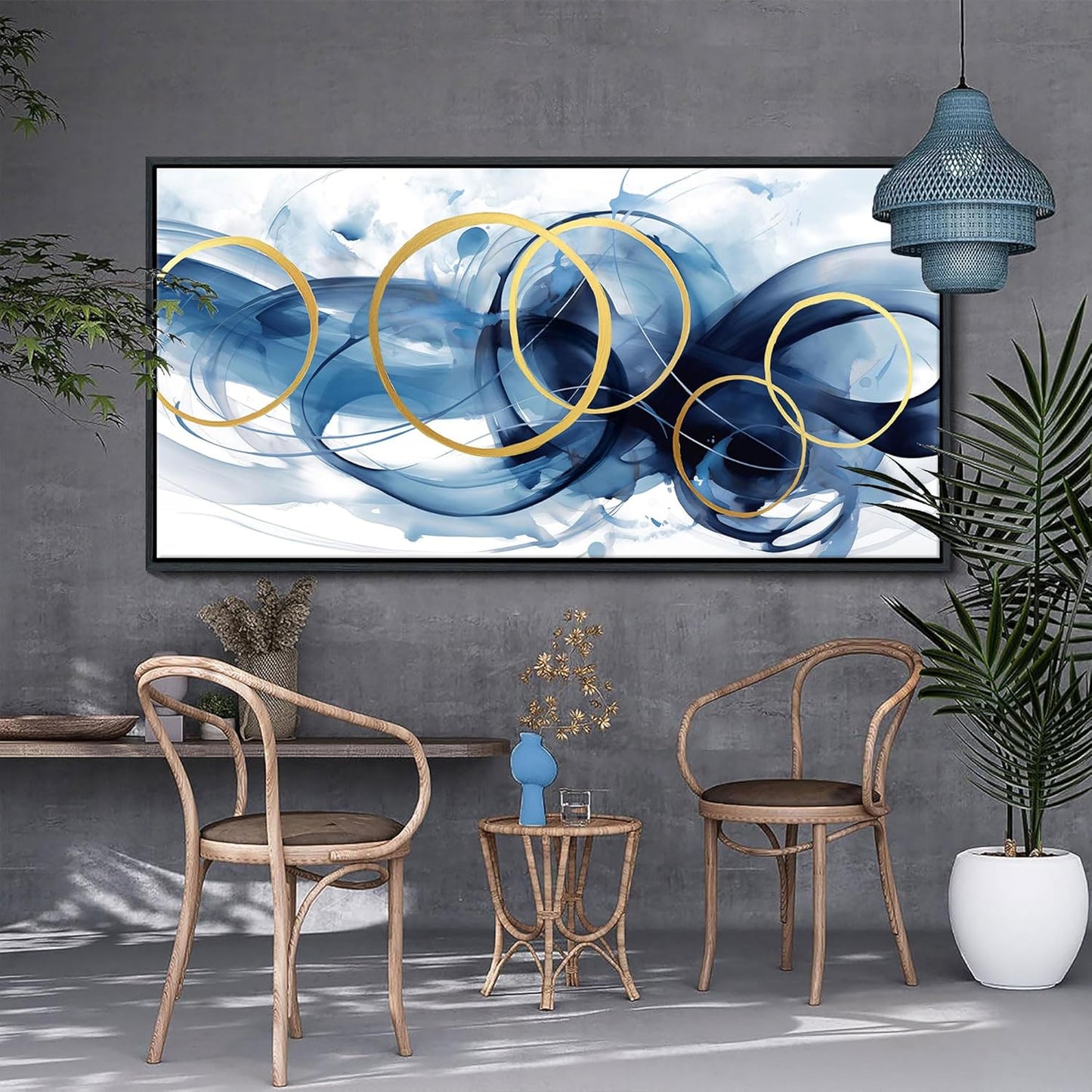 HKDGOKA Abstract Wall Art Living Room - Framed Large Canvas Gold Blue Gradient Canvas Paintings Wall Artwork Modern Office Bedroom Pictures for Kitchen Bathroom Wall Decor 29x58 In
