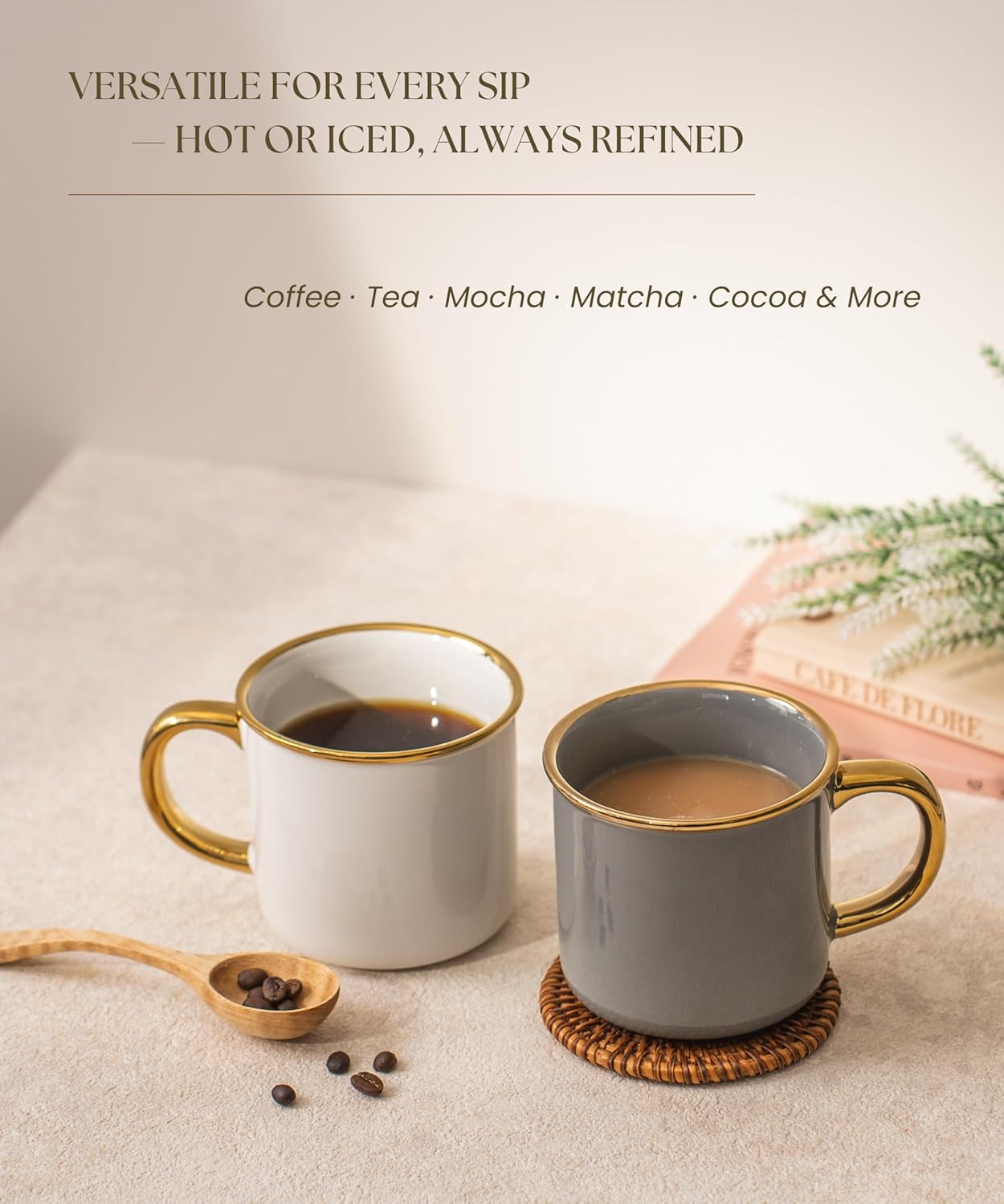 Stoneware Electroplated Mug Set of 4-15oz Ceramic Coffee & Tea Cups with Gold Handle - Perfect for Hot & Iced Drinks - Dishwasher Safe - Modern Chic Design - Ivory White & Gray - Ideal Gift