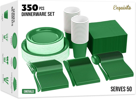 Exquisite 350 Pcs Emerald Paper Plates For Party, Emerald Disposable Plates Set, 50 Of Each 9" Dinner Plate Set, 7" Dessert Plate, Cups, Napkins & Cutlery Paper Dinnerware