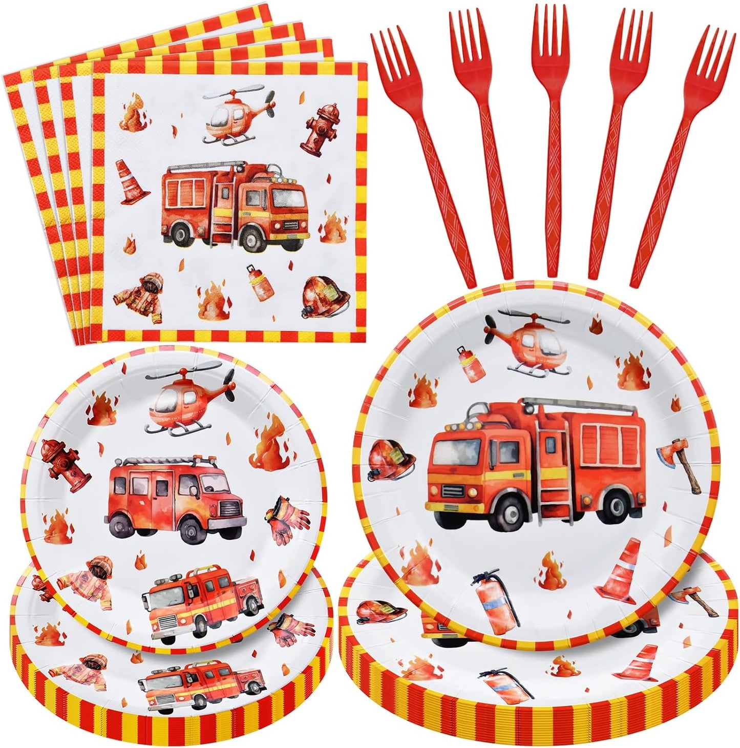 96 Pcs Firetruck Tableware Set – Disposable Firefighter Theme Dinnerware with Paper Plates, Napkins, and Red Forks for Kids Boys Birthday Party Decorations – Serves 24