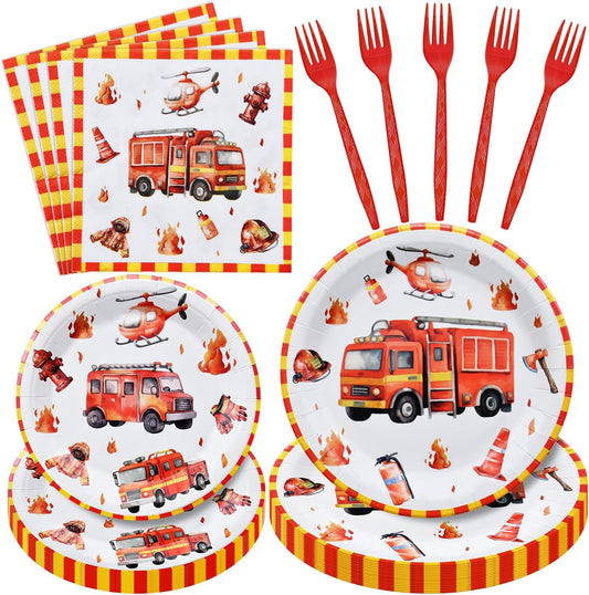 96 Pcs Firetruck Tableware Set – Disposable Firefighter Theme Dinnerware with Paper Plates, Napkins, and Red Forks for Kids Boys Birthday Party Decorations – Serves 24