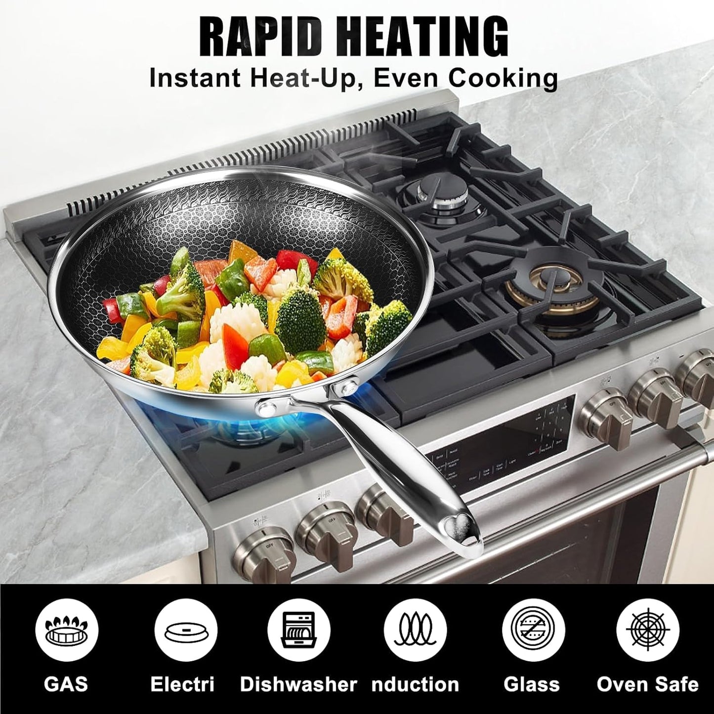 10 Inch Nonstick Frying Pan, Stainless Steel Skillet with Honeycomb Surface, Induction Compatible, Oven & Dishwasher Safe, PFAS-Free Cookware