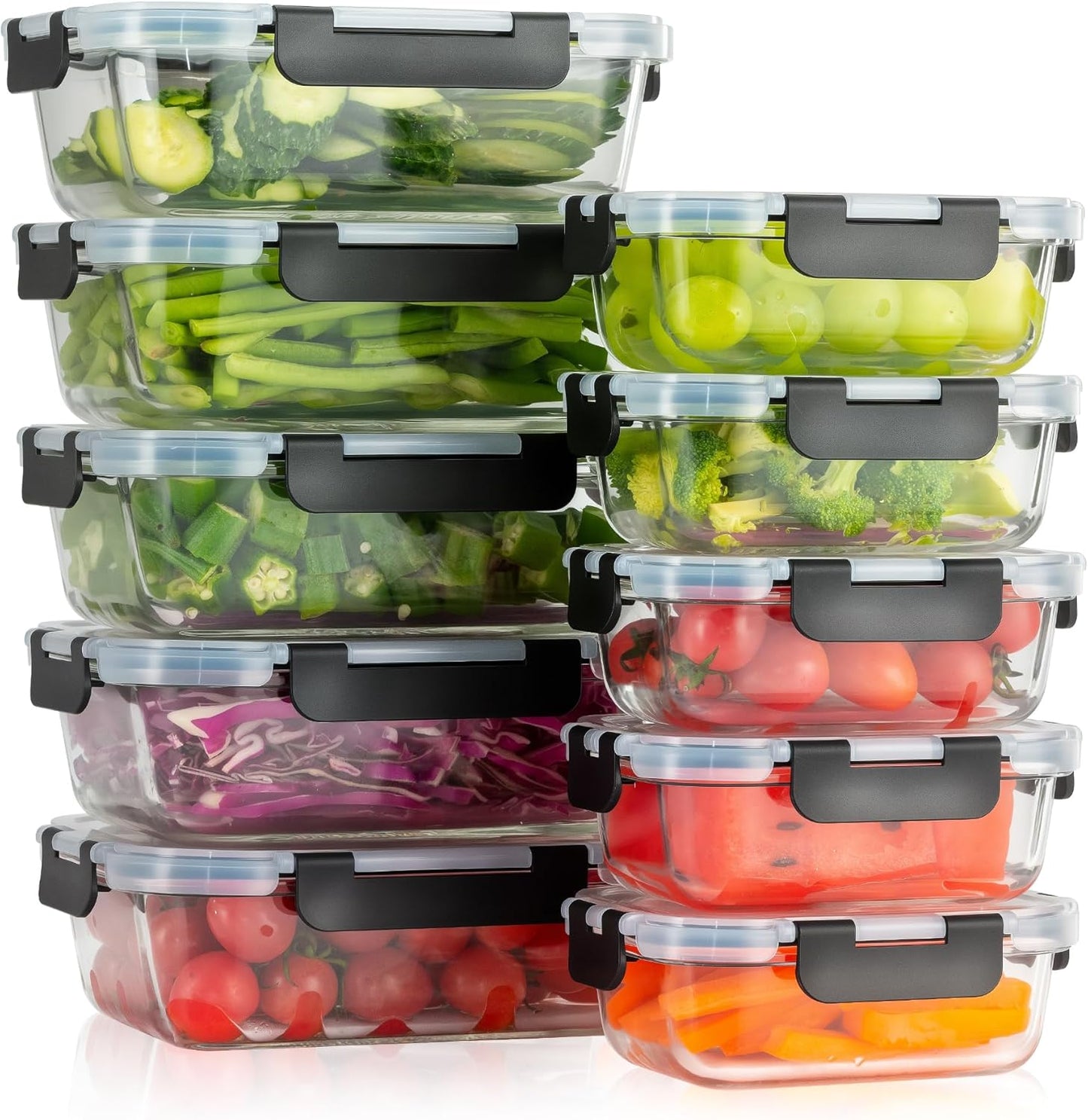 [10-Pack Glass Meal Prep Containers with Lids, Food Storage Containers with Snap Locking Lids, Airtight Lunch Containers, Microwave, Oven, Freezer and Dishwasher,Black