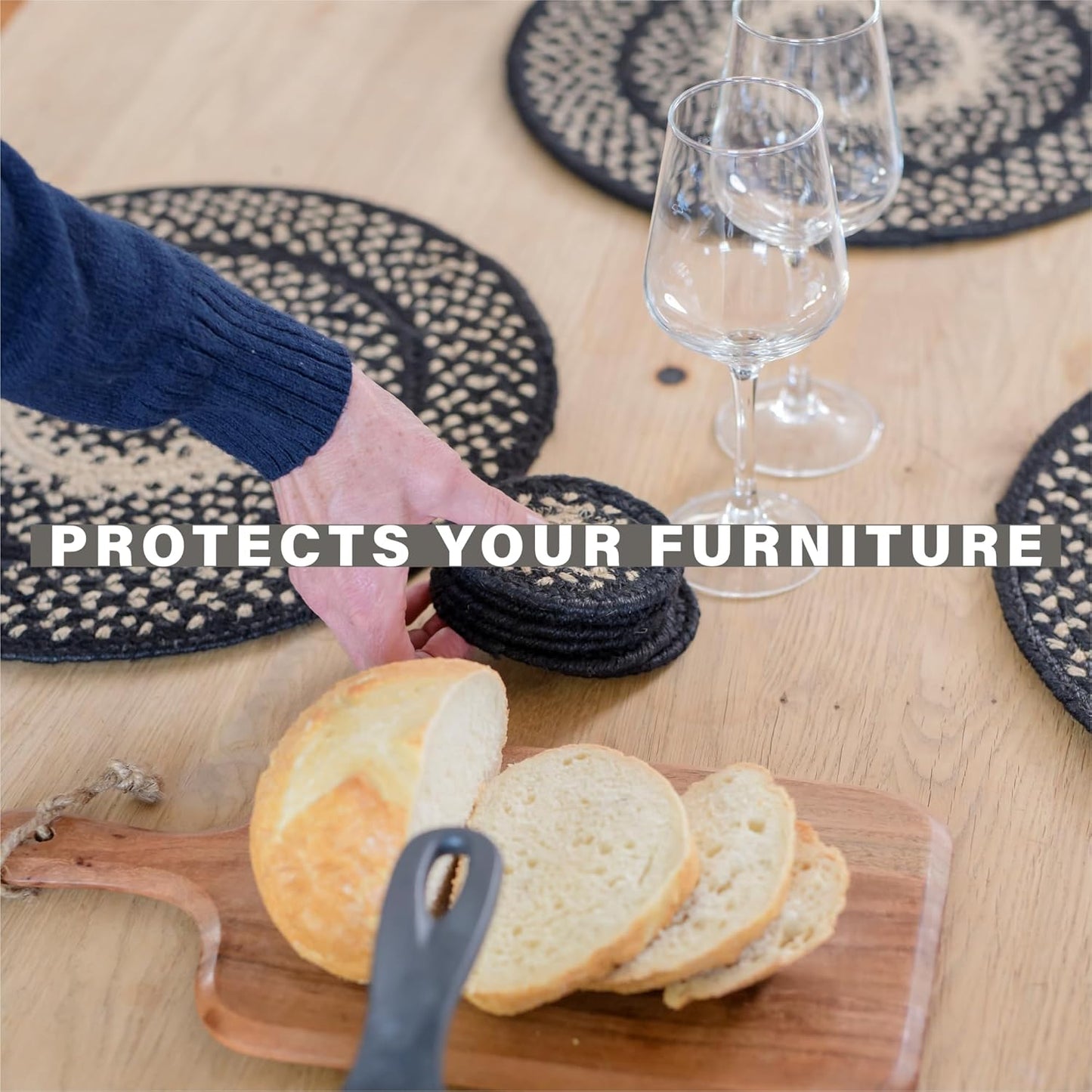 Manchester Jute Woven Round Placemats Set of 6, 15", Country Primitive Decor, Black and Tan Table Mats - Vibrant Colors, Durable, Easy to Clean and Protects Furniture