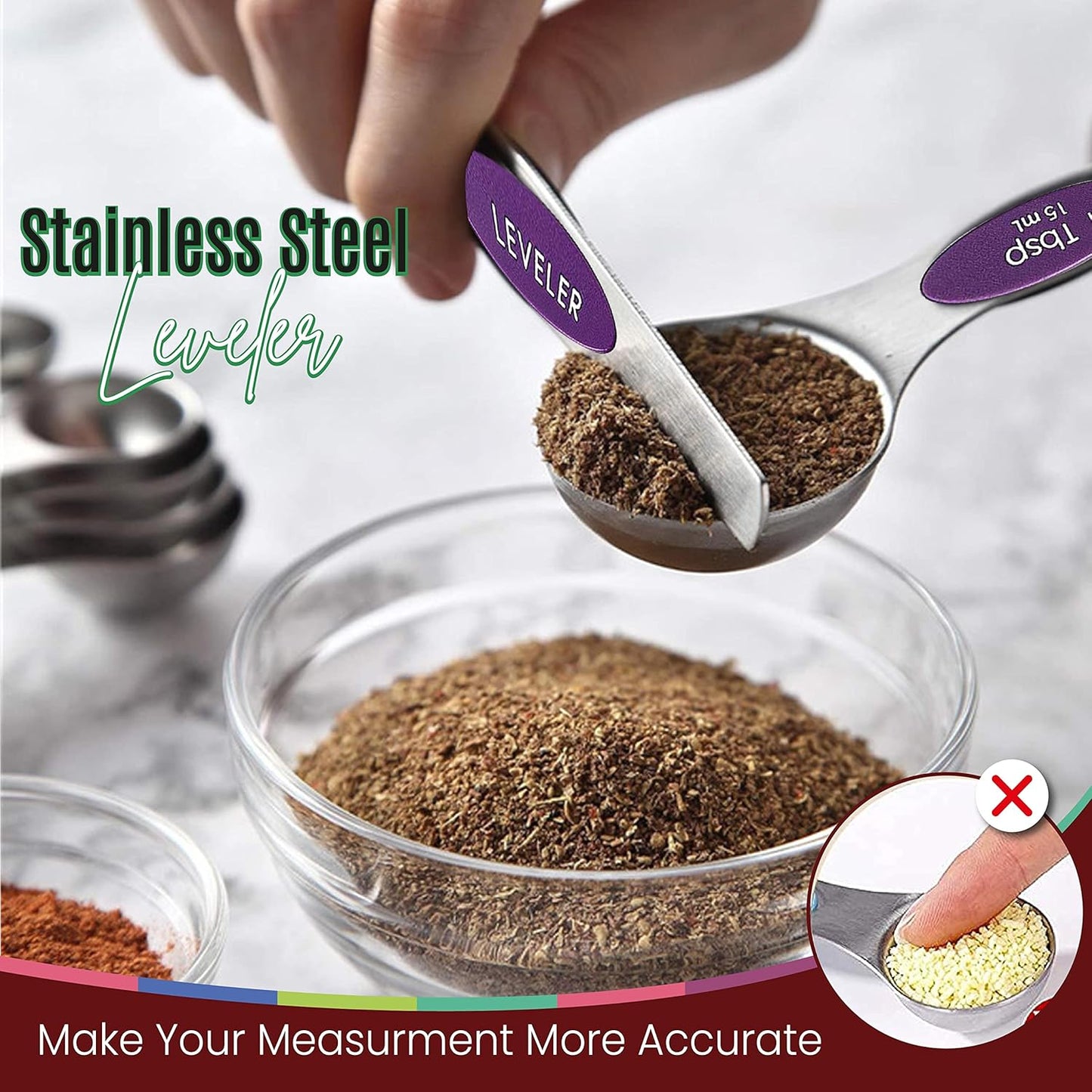 Magnetic Measuring Spoons Set of 9 Stainless Steel Dual-Sided Stackable Measuring Spoon Nesting Teaspoons Measuring Dry and Liquid Ingredients, Fits in Spice Jars Set of 9 (Purple)