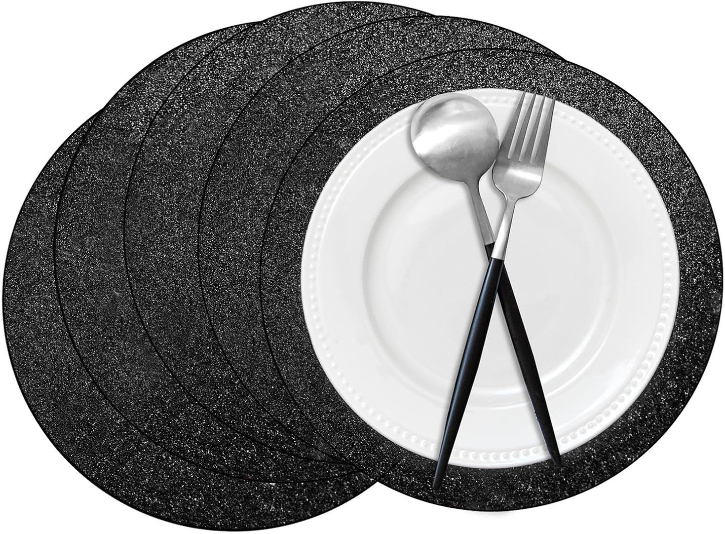 50 Pieces Black Glitter Paper Place Mats Sparkle 14'' Round Disposable Table Mats Black Doilies Decorative Placemats for Wedding Banquet Party Home Dining Table Decor