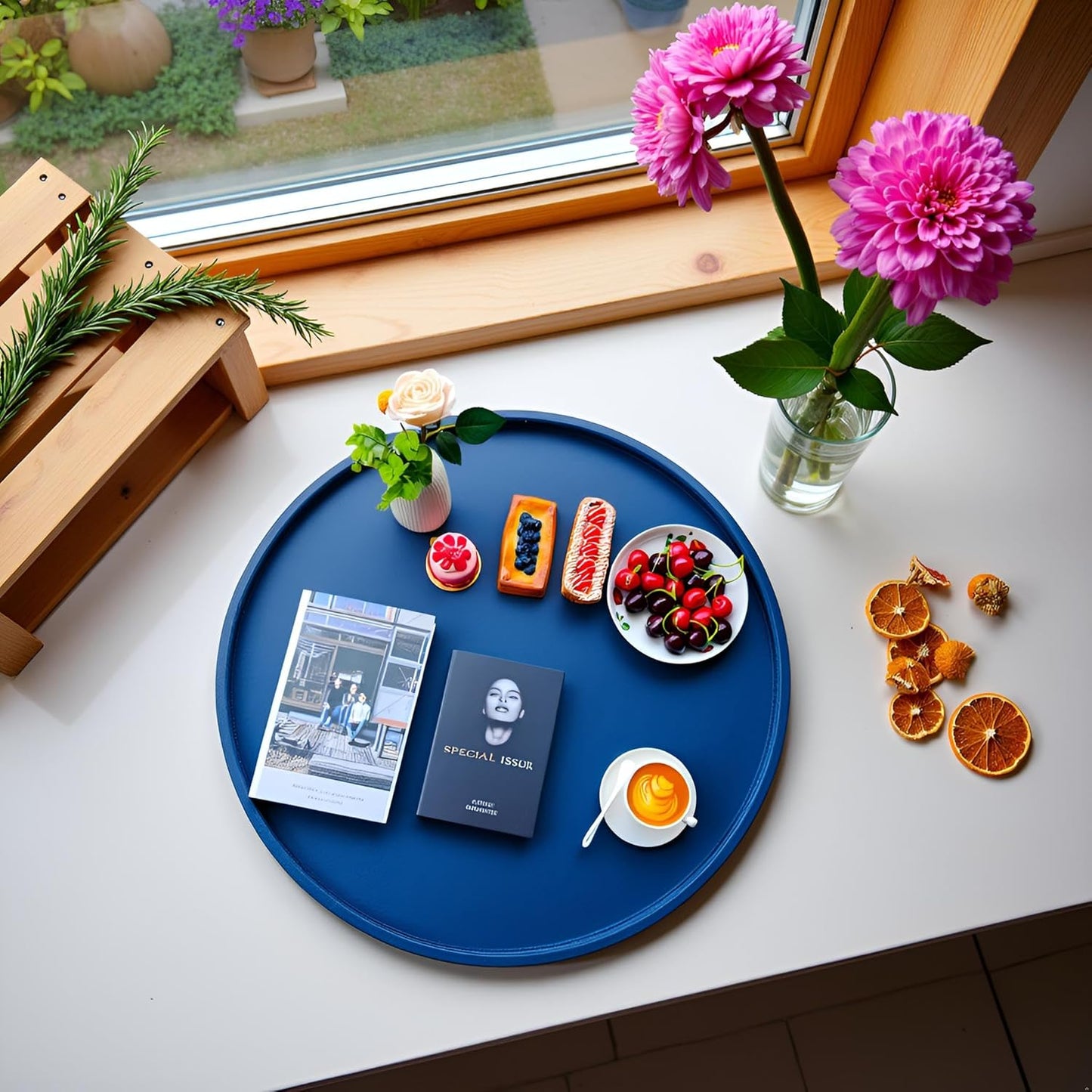 30-inch Round Ottoman Serving Tray - Textured PU Leather Coffee Table Decor, Waterproof Heat-Resistant Large Organizer for Home, Office, Bed & Party Essentials (Navy Blue, 30)