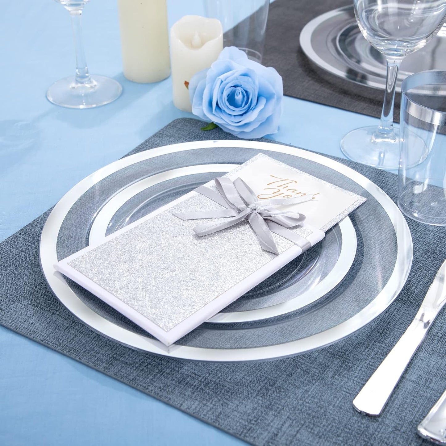 YOUBET 175PCS Clear Plastic Plates with Silver Rim include -Disposable Silver Plstic Plates Includes 50 Silvery Plastic Plate, 25Forks, 25Knives, 25Spoons, 25Cups, 25Napkins for Wedding & Party