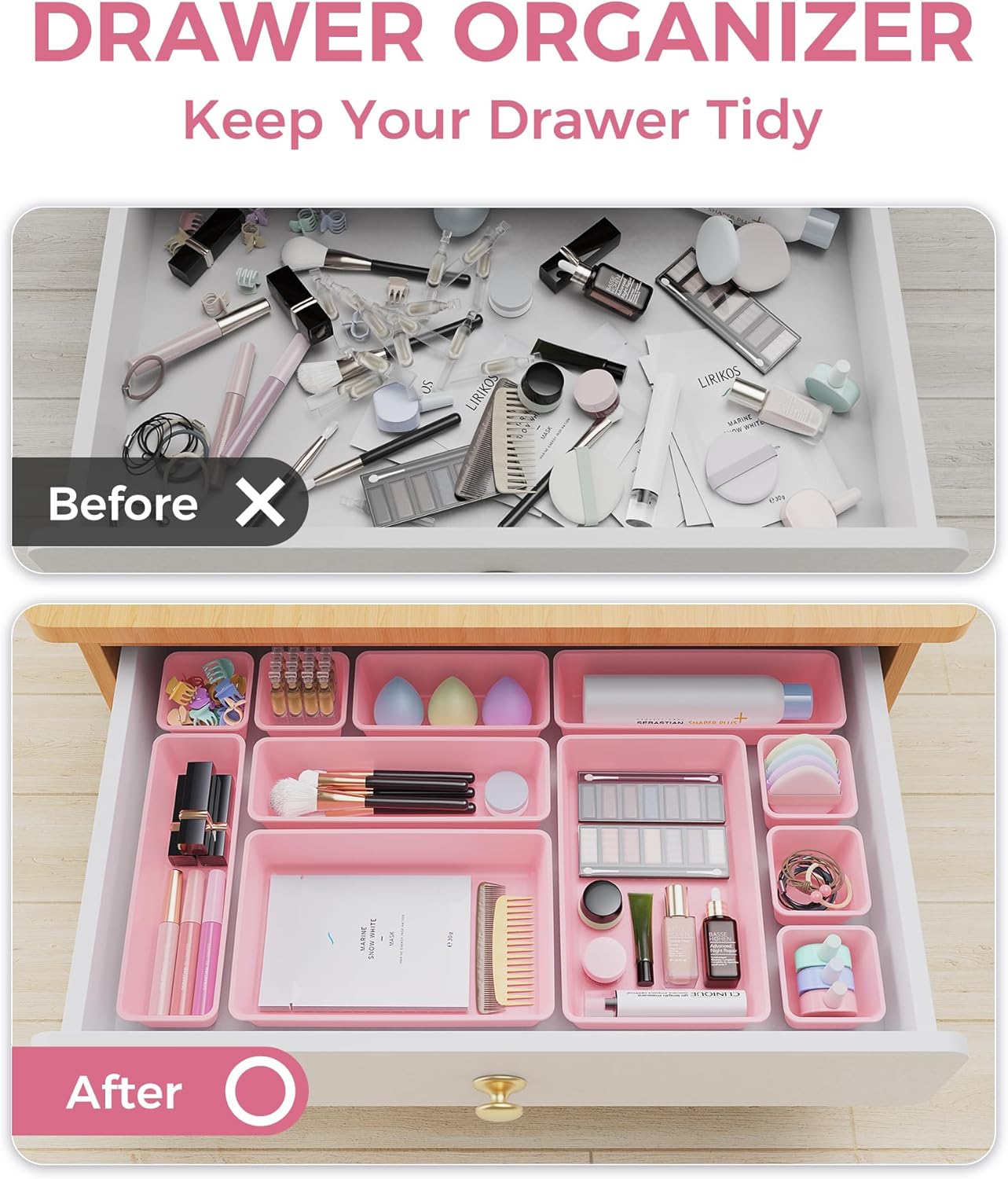 25 PCS Plastic Drawer Organizers Set, 4-Sizes Vanity and Makeup Organizer, Desk and bathroom Drawer Organizer Trays, Organizers and Storage for Makeup, Jewelry, Gadgets, Utensils (Pink)