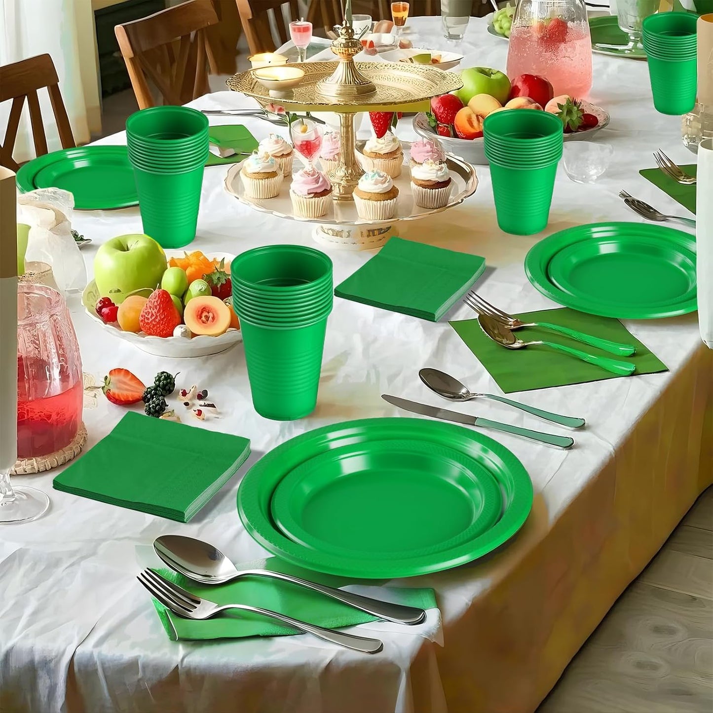 Green Party Supplies,Green Disposable Plates,Including Green Plastic Plates and Napkins, Plastic Cutlery and 12OZ Cups for Engagement Wedding Birthday Christmas Party,Serve 25 Guests