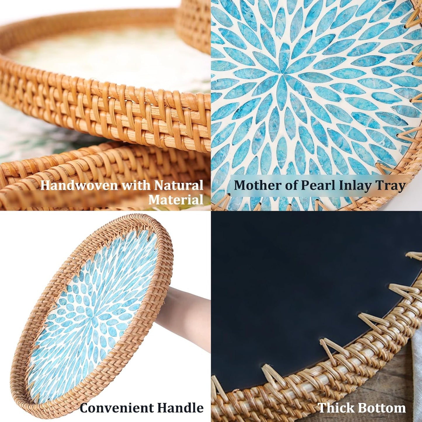 Round Rattan Tray with Mother of Pearl Inlay, Rattan Serving Tray for Coffee, Bread, Fruits, Decorative Wicker Tray for Table Decor, Home Decor, Kitchen Island Decor (Turquoise Leaf, 11.8")