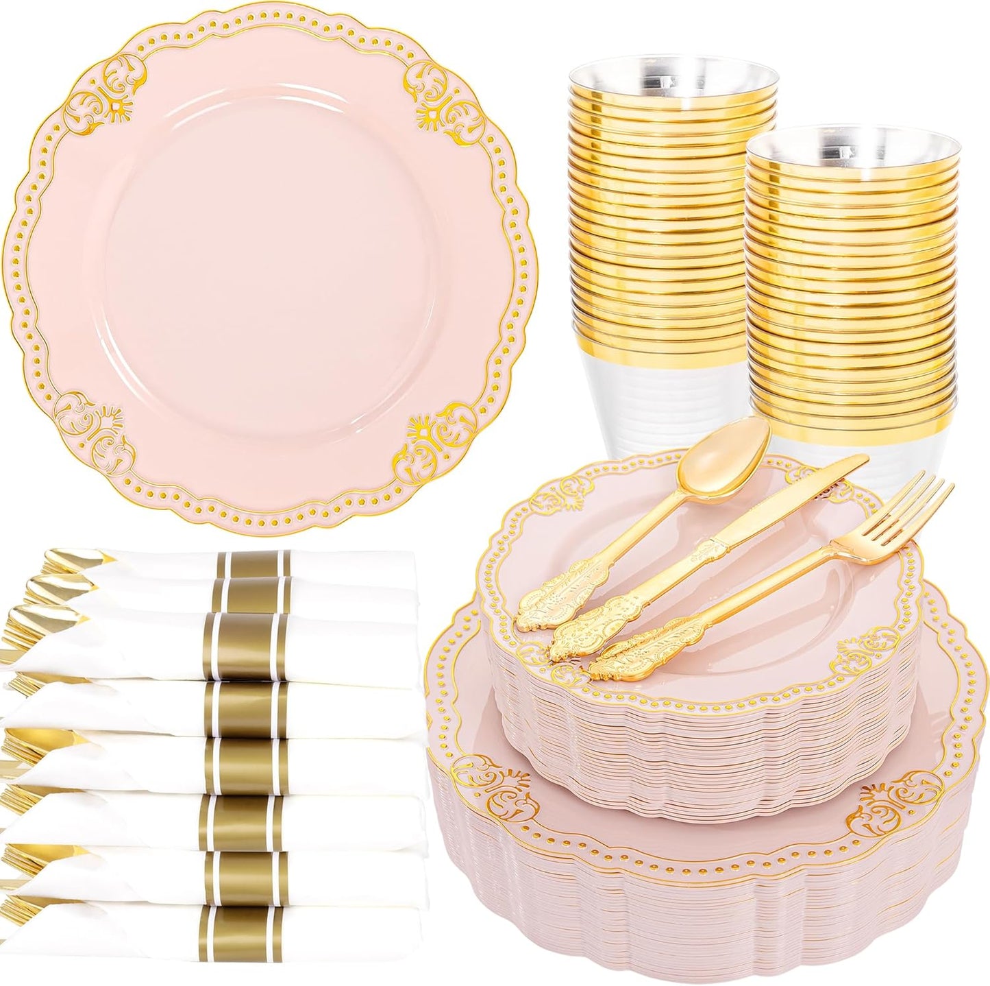 Ciaell 350 PCS Pink Plastic Plates - Pink and Gold Disposable Plates Include 50 Disposable Plate, 150 Heavy Duty Silverware, 50 Cups, 50 Napkins for Wedding & Party & Anniversary