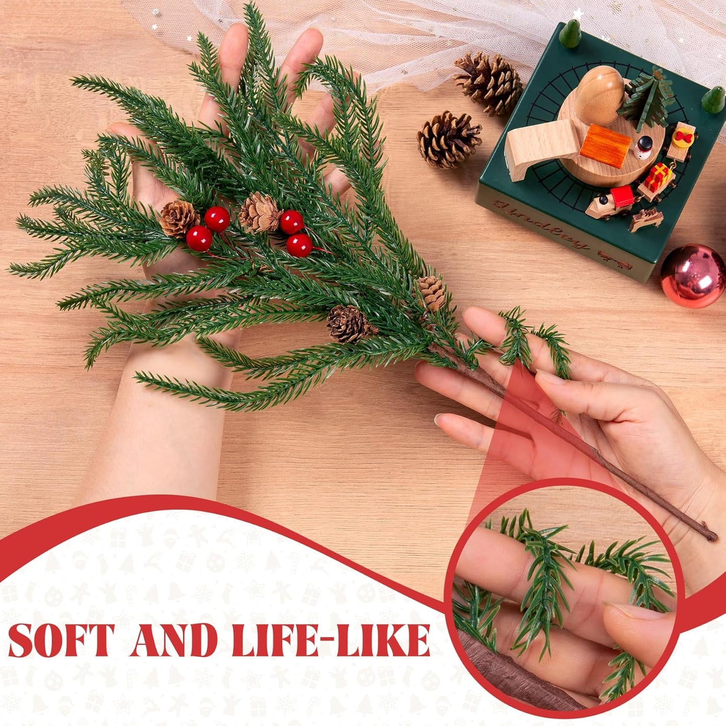 Artificial Norfolk Pine Stems for Christmas Decorations, 10 Pcs 18 inch Fake Pine Cone Branches Red Berry for Vases Garland Real Touch Faux Greenery Evergreen Plants for Xmas Home Decor Indoor