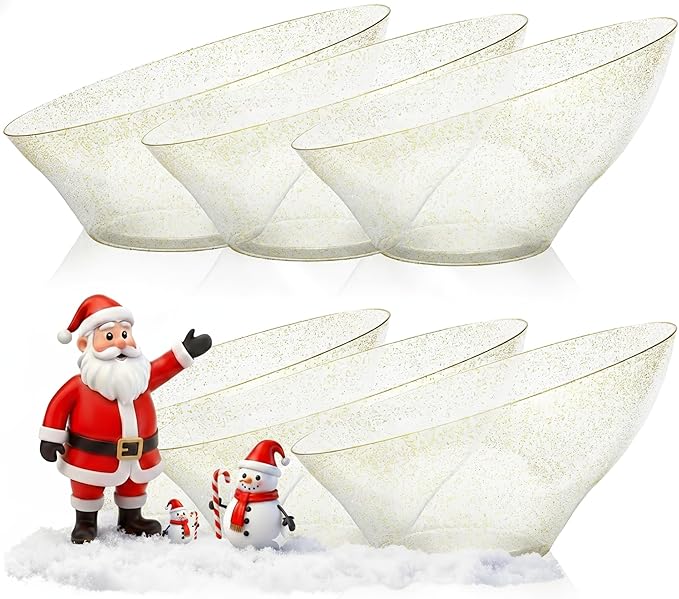 Goodluck 12 Pack Gold Glitter Plastic Serving Bowls for Party - 20 OZ Angled Disposable Serving Bowls for Wedding Party Chip, Candy, Salad & Fruit