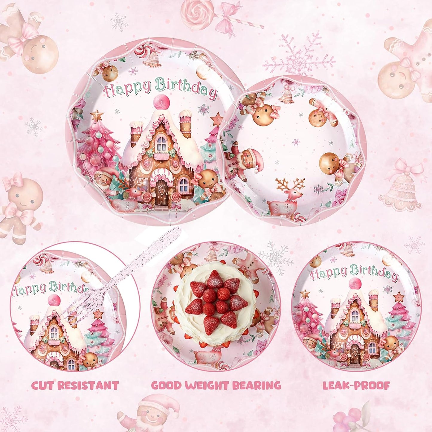 144 Pcs Pink Gingerbread Christmas Party Supplies, Disposable Dinnerware Set with Plates, Cups, Napkins for Holiday Gingerbread House Decorations, Serves 24 Guests